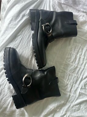 Coach Black Leather Lug-Sole Ankle Boots with Silver Buckle